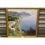 A GILT FRAMED OIL ON CANVAS DEPICTING A CONTINENTAL HARBOUR SCENE WITH BOATS AND SEA CLIFFS SIGNED