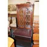 AN OAK GLAZED & LEADED CORNER CUPBOARD TOGETHER WITH A HOSTESS TROLLEY & FOLDING TABLE (3)