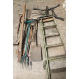 A SET OF VINTAGE WOODEN LADDERS, A PAIR OF BENCH ENDS AND A SELECTION OF GARDEN TOOLS