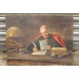(XIX). Interior scene with Cardinal at his desk writing a letter, unsigned, oil on canvas, unframed,