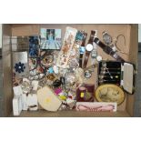 A LARGE BOX OF COSTUME JEWELLERY AND WRIST WATCHES