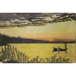 AN UNFRAMED OIL ON CANVAS OF A FISHERMAN ON A LAKE AT DAWN SIGNED R ELLIOTT 21/7/67