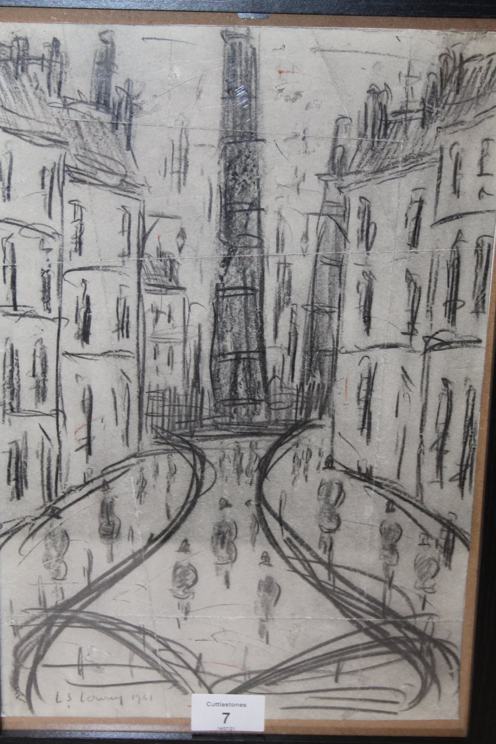 A FRAMED AND GLAZED PENCIL SKETCH IN THE STYLE OF LOWRY - H 35 CM X W 24 CM