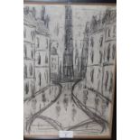 A FRAMED AND GLAZED PENCIL SKETCH IN THE STYLE OF LOWRY - H 35 CM X W 24 CM
