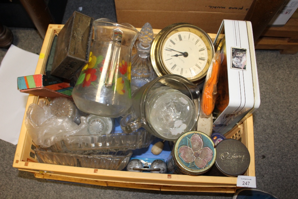 A BOX OF GLASSWARE, TINS AND VINTAGE CLOCKS