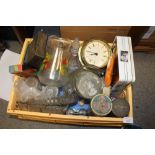 A BOX OF GLASSWARE, TINS AND VINTAGE CLOCKS