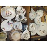 TWO TRAYS OF ASSORTED CHINA AND CERAMICS TO INCLUDE ROSE PATTERN CHINA, ALFRED MEAKIN GLOW WHITE