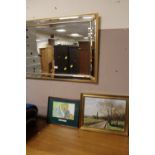 A MODERN GILT FRAMED BEVELLED MIRROR A/F TOGETHER WITH AN OIL PAINTING AND ANOTHER PICTURE (3)