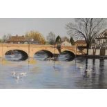 A FRAMED AND GLAZED ACRYLIC OF THE BOATHOUSE AND TRAMWAY BRIDGE IN STRATFORD UPON AVON BY BRIAN
