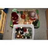 TWO BOXES OF VINTAGE GLASS BOTTLES AND STUDIO GLASS WARE ETC.