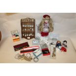A BOX OF COSTUME JEWELLERY, MODERN DOLLS AND SOUVENIR SPOONS