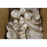 A BOX OF ASSORTED CHINA TO INCLUDE PARAGON, VICTORIANA ROSE, COLCLOUGH HEDGEROW ETC.