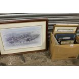 A BOX OF ASSORTED PICTURES AND PRINTS, ANTIQUE MAPS, LOCOMOTIVE INTEREST PRINTS ETC TOGETHER WITH