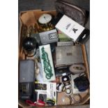 A TRAY OF ASSORTED COLLECTABLES TO INCLUDE CIGARETTE BOXES, DRESS RINGS, CAMERAS ETC.