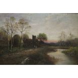 H. WILLIAMS (XIX-XX). Wooded river landscape at twilight with figures, church and haystack, signed