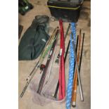 A SELECTION OF FISHING RODS TO INCLUDE MILBRO, WADERS PLUS A LARGE TOOLBOX ETC