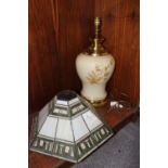 A TIFFANY STYLE HEXAGONAL LAMP SHADE, DIA. 45CM, (A/F, RESTORATION TO GLASS PANELS) TOGETHER WITH