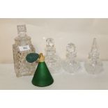 A COLLECTION OF CUT GLASS SCENT BOTTLES, DECANTER AND A GREEN GLASS ATOMISER (5)