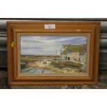 A SMALL PINE FRAMED OIL ON BOARD OF A COASTAL HARBOUR SCENE, SIGNED LOWER RIGHT I.BRISLEY
