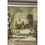 AN UNFRAMED ANTIQUE STYLE PRINT OF A WINTER CHURCH SCENE H 42 CM BY W 34 CM