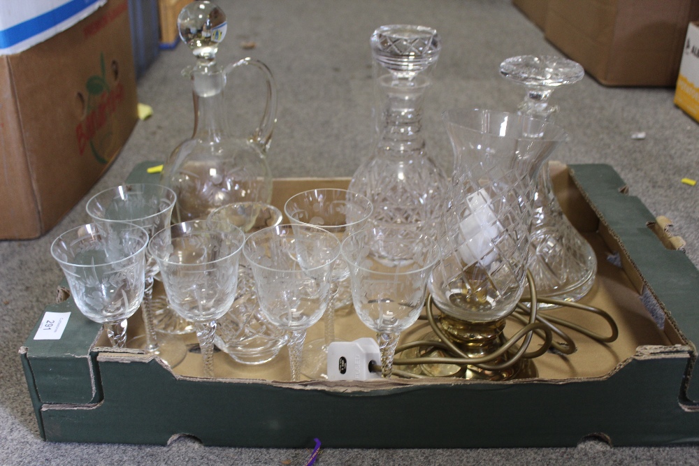 A TRAY OF CUT GLASS TO INCLUDE AN EDWARDIAN STYLE SIX PERSON DRINK SET, DECANTERS ETC. - Image 2 of 2