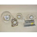 THREE SMALL CRYSTAL MANTEL CLOCKS, TO INCLUDE TYRONE CRYSTAL AND GALWAY CRYSTAL, TOGETHER WITH AN