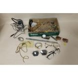 A BOX OF COLLECTABLES TO INCLUDE A WALTHAM WRISTWATCH, VINTAGE GLASSES ETC.