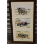 A THREE IN ONE FRAME WATERCOLOUR DEPICTING CLASSIC MOTOR CARS SIGNED VAL SAMUELS SIZES - 14CM X 21.