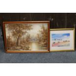 A LARGE FRAMED OIL ON CANVAS OF A RIVER SCENE SIGNED I.CAFIERI LOWER LEFT TOGETHER WITH A FRAMED AND