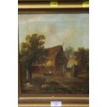 AN ANTIQUE GILT FRAMED OIL ON CANVAS DEPICTING A RURAL RIVER SCENE INDISTINCTLY SIGNED LOWER CENTRE,