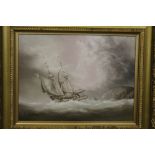 A GILT FRAMED OIL ON BOARD OF A SAIL SHIP ON CHOPPY WATERS SIGNED LOWER LEFT P J WINTRIP, H 35.5
