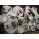 A BOX OF ASSORTED CHINA TO INCLUDE DELPHINE AND COLCLOUGH EXAMPLES