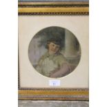 (XIX). Circular study of a flower seller before a building, unsigned, oil on canvas laid on board,