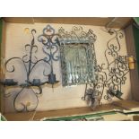 A BOX OF WIREWORK WALL SCONCES TOGETHER WITH AN UNUSUAL GATED WALL MIRROR