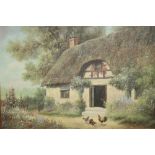 A LARGE GILT FRAMED OIL ON CANVAS DEPICTING CHICKENS BEFORE A THATCHED COTTAGE SIZE - 91.5CM X 61CM
