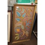 A FRAMED VINTAGE EMBROIDERED PICTURE 50 CM X 91 CM