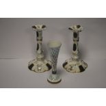 A PAIR OF ENGLISH ENAMEL ON COPPER HAND PAINTED CANDLESTICKS WITH GILT MOUNTS TOGETHER WITH