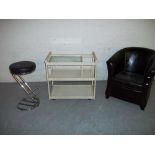 THREE MODERN ITEMS TO INCLUDE A TUB CHAIR, A CHROME STOOL AND A SERVING TROLLEY