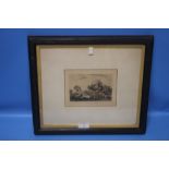 A SMALL FRAMED AND GLAZED ENGRAVING OF A COUNTRY SCENE 39 CM X 35 CM