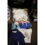 A TRAY OF ASSORTED LINEN, GLOVES ETC