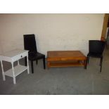 FOUR ITEMS TO INCLUDE A COFFEE TABLE, SIDE TABLE AND TWO DESIGNER CHAIRS