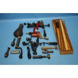 A BOX CONTAINING A VINTAGE SHOTGUN CARTRIDGE SHELL, Webley gun cleaning kit etc