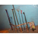 A SELECTION OF TOOLS TO INCLUDE TRESTLES, BRANCH LOPPER, SKIS AND AN ACRO SUPPORT PROP
