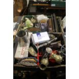 TWO TRAYS OF ASSORTED METALWARE, COLLECTABLES ETC TO INCLUDE BRASS (TRAYS NOT INCLUDED)