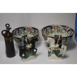 TWO FLORAL BOWLS, TOGETHER WITH TWO STAFFORDSHIRE STYLE FLAT BACKS AND A DEWARS BOTTLE