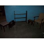 FOUR ITEMS TO INCLUDE AN ANTIQUE OAK BOOKSHELF, A CHAIR, STOOL, TABLE ETC.