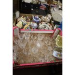 A TRAY OF CERAMICS TOGETHER WITH A TRAY OF GLASSWARE (TRAYS NOT INCLUDED)