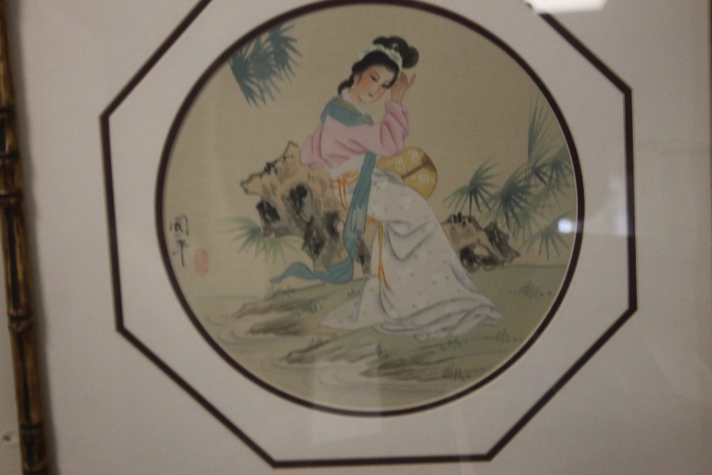 TWO CHINESE SILK SCREEN PRINTS in gilt bamboo style wooden frames, each 44.5 x 44.5 cm - Image 2 of 3