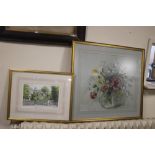 A FRAMED AND GLAZED WATERCOLOUR OF A VASE AND FLOWERS SIGNED BARBARA CROWE, TOGETHER WITH A