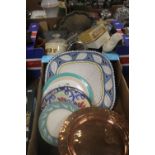 TWO TRAYS OF CERAMICS AND SUNDRIES TO INCLUDE A COPPER CHARGER (TRAYS NOT INCLUDED)